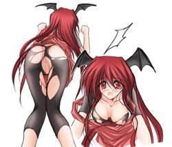 1girls anus ass bent_over blush breasts censored danshaku demon_girl dress head_wings koakuma large_breasts monster_girl mosaic_censoring multiple_views open_mouth pussy red_eyes red_hair skin_tight strap_slip succubus tears torn_clothes touhou wings