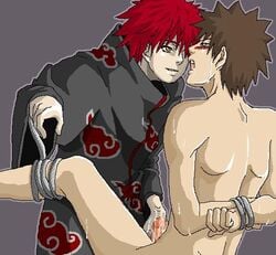 2boys akatsuki_(naruto) arms_behind_back blush bondage boy_rape censored clothed_on_nude cum forced_yaoi fumio_(faint) gay handjob kankuro legs_held_open male male_rape_victim naruto nude nude_male penis puppet rape restrained saliva sand sasori tentacle tentacle_on_male tied yaoi