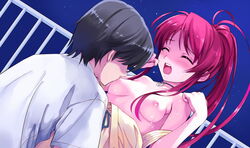 1boy 1girls blush breast_sucking breasts closed_eyes clothing deep_blue_sky_&_pure_white_wings dripping female foreplay heavy_breathing highres jewelry long_hair magenta_hair male misaki_kurehito miyamae_tomoka moaning necklace night nipples open_mouth panting partially_clothed ponytail red_eyes red_hair saliva schoolgirl straight sucking suiheisen_made_nan_mile? sweat tied_hair topless very_long_hair