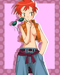 blush breasts brown_eyes female female_only human human_only nintendo no_bra nozomi_(pokemon) open_clothes open_shirt pokemon pokemon_(anime) shirt sideboob solo sunglasses vest zoey_(pokemon)