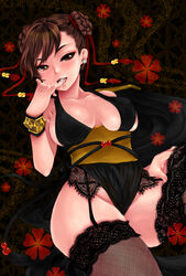 alternate_costume breasts brown_eyes brown_hair chun-li collarbone collarbones cum cum_in_mouth cum_licking cum_on_tongue curvy double_bun female female_only finger_licking fishnet_legwear fishnet_stockings fishnets garter_belt hips human large_breasts legwear licking mosho naughty_face open_mouth saliva smile solo straight_hair street_fighter street_fighter_iv thighhighs tongue