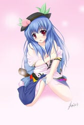 1girls amicis bare_shoulders blue_hair breast_grab breasts female food fruit hat leaf long_hair masturbation panties peach_(fruit) red_eyes self_fondle shoes solo tenshi_hinanawi touhou underwear