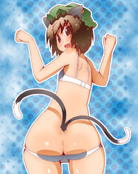 animal_ears ass ass_cleavage bikini bra brown_eyes brown_hair butt_crack cat_ears cat_tail chen earrings hat jewelry lingerie lowleg lowleg_bikini lowleg_panties multiple_tails panties short_hair skindentation solo swimsuit tail toudori touhou uncensored underwear