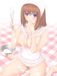 bandana barefoot between_breasts blush bowl breasts brown_hair censored clothes_between_breasts cooking copyright_request cream female finger_licking highres large_breasts licking messy naked_apron no_bra no_panties onnanoko_suwari pubic_hair purple_eyes pussy rezel_craft sexually_suggestive short_hair sitting solo