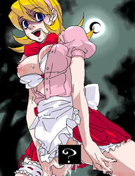 apron baby_bonnie_hood blonde_hair blue_eyes blush bow bowtie bra breasts bulleta capcom censored cleavage clothing darkstalkers garters hairband large_breasts leg_garter lingerie midnight_bliss miniskirt moon night night_sky nipples no_panties oekaki open_clothes open_mouth open_shirt pussy_juice ribbon shirt short_hair skirt sky small_breasts sweat unbuttoned underwear upskirt waitress yamatoya