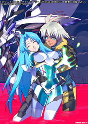 ahoge android artist_request blue_hair character_request closed_eyes female gloves green_eyes kos-mos long_hair lowres mecha short_hair silver_hair wading xenosaga xenosaga_episode_iii