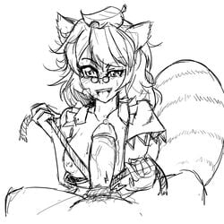 1futa animal_ears breasts femdom futanari glasses greyface heavy_breathing large_breasts large_penis leaf leaf_on_head mamizou_futatsuiwa monochrome penis pince-nez precum raccoon_ears raccoon_tail rope short_hair solo tail touhou uncensored