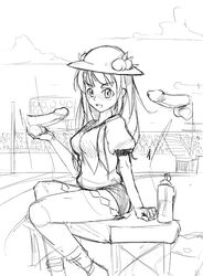 1futa bottle breasts buruma caressing_testicles food fruit futanari greyface gym_uniform hat large_breasts loose_socks magic_penis monochrome peach_(fruit) penis sitting sketch socks solo tenshi_hinanawi testicles touhou uncensored water_bottle