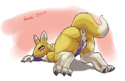 anthro anus ass bent_over blush canine digimon female female_only fox fur furry presenting pussy pussy_juice renamon solo spread_pussy spreading sweat vanska