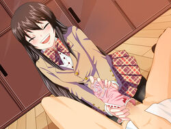 blush brown_hair cum long_hair panties panty_on_penis pantyjob penis pink_panties school_uniform smile