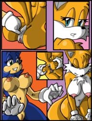 2013 2girls anal anal_fingering anthro anus ass big_breasts blue_eyes breasts canine couple female fingering fox fur furry furry_tail green_eyes hedgehog looking_back mammal multiple_tails navel nipples nude peterson pussy rule_63 sega smile sonic_(series) sonic_the_hedgehog tail tails