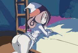 ass bed female filipino filipino_female grey_eyes grey_hair hair_over_one_eye hat little_witch_academia looking_back orenji_(orenjipiiru) pajamas pussy smile stairs straight_hair studio_trigger sucy_manbavaran witch witch_hat work_in_progress