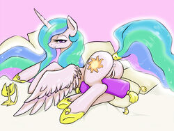 alicorn anus ass cutie_mark equine feathers female friendship_is_magic hair horn horse justpony looking_at_viewer multicolored_hair my_little_pony pillow pony princess princess_celestia_(mlp) pussy royalty rubbing solo tiara white_body white_fur wings