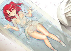 arms_up barefoot bathtub blush censored female looking_at_viewer lying magi:_the_labyrinth_of_magic morgiana nipples on_back open_mouth petals red_eyes red_hair shijou_mako short_hair side_ponytail smile solo wet wet_clothes