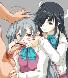 2girls assistance assisted_fellatio blush censored hayashimo_(kantai_collection) imminent_fellatio imminent_oral kantai_collection kiyoshimo_(kantai_collection) multiple_girls penis tagme tsukune