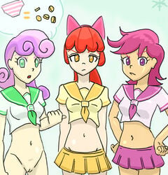 2013 apple_bloom_(mlp) belly bottomless bow breasts clothes coins crop_top disfigure friendship_is_magic frown group hair human humanized light_skin miniskirt my_little_pony navel open_mouth purple_hair pussy red_hair sailor_uniform school_uniform scootaloo_(mlp) shirt skirt smooth_skin sweetie_belle_(mlp) teenager two_tone_hair underwear uniform young