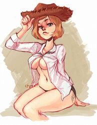 1girls blue_eyes costume cowboy_hat cowgirl disney ehryel looking_at_viewer milf mrs._davis open_clothes open_shirt panties pixar pixar_mom shirt text_on_ass toy_story unbuttoned_shirt