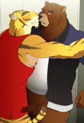 against_wall anthro balls bear biceps blue_eyes blush body_markings bottomless brown_fur chubby clothing feline fur furry furry_only gay juuichi_mikazuki male markings morenatsu nipples no_humans penis pinned shirt stripes tiger torahiko_ooshima unknown_artist yellow_fur