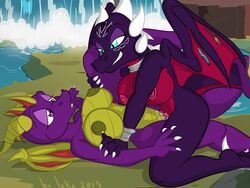 2girls anthro areola big_breasts breasts corrupted_cynder cum cynder dragon dragoness el-loko erect_nipples female horn multiple_girls nipples rule_63 sex spyro spyro_the_dragon tribadism wet wet_pussy wings yuri