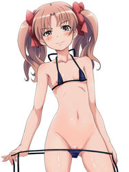 10s 1girls 2013 ass_visible_through_thighs bikini bikini_pull blush breasts brown_eyes brown_hair female flat_chest gluteal_fold hair_ornament hair_ribbon highres looking_at_viewer mameshiba naughty_face nipples purple_bikini pussy shirai_kuroko simple_background small_breasts smile solo swimsuit teenage_girl teenager tied_hair to_aru_kagaku_no_railgun to_aru_majutsu_no_index twintails undressing white_background young