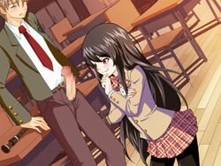 blush brown_hair flute penis school_uniform table