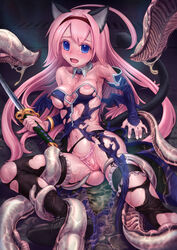 ahoge animal_ears bare_shoulders blue_eyes blush breasts cat_ears cleavage defeated detached_sleeves eve_roland garter_belt garters hairband highres large_breasts long_hair looking_at_viewer maidensnow_no_youkai_dai-makyou monster musen-shiki_sanhankikan navel nipple_slip nipples panties partially_visible_vulva pink_hair restrained slime sword tail tentacle thighhighs torn_clothes underwear very_long_hair weapon