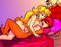 2girls areola bed blonde_hair blue_eyes bow breast_press breast_squish breasts chain_chomp closed_eyes erect_nipples female female_only huge_breasts human koopa large_breasts luvon mario_(series) multiple_girls nintendo nipples open_mouth princess_peach super_mario_bros. themadcatter wendy_o._koopa yuri