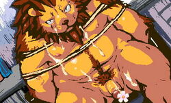 2012 5:3 anthro balls belly bodily_fluids bound brown_body brown_fur cum cum_on_face felid fur furry genital_fluids genitals kemono koda-kota lion low_res male mammal moobs nipples overweight overweight_anthro overweight_male pantherine penis rope sitting solo