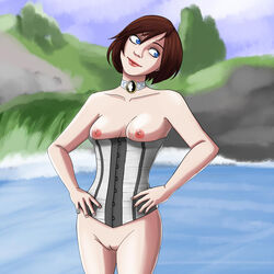 acperience bioshock bioshock_infinite blue_eyes bottomless breasts brown_hair choker corset elizabeth_comstock female head_tilt nipples outdoors pussy short_hair smile solo water