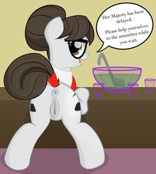 2013 anatomically_correct anus ass brown_hair cutie_mark dialog eyeswear female friendship_is_magic glasses grey_eyes hair horse ink_well ladle my_little_pony ohohokapi pussy solo text