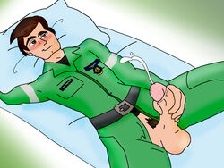 1boy ambulance balls bed big_penis blush brown_eyes brown_hair cum cumshot erection gay human jumpsuit male male_only masturbation nhs open_jumpsuit paramedic penis reclining spread_legs touching_penis uniform unprofessional_behaviour