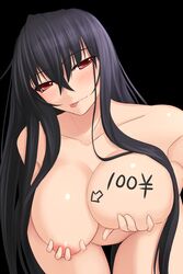 akitsuki_karasu areolae black_background blue_hair blush body_writing breast_hold breasts female huge_breasts kurochijo large_breasts long_hair looking_at_viewer nipples nude original red_eyes simple_background smile solo standing tongue tongue_out very_long_hair