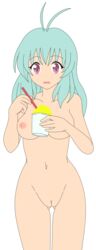 1girls antenna_hair breasts busakumas erect_nipples female green_hair highres ice_cream legs long_hair nipples nude nude_filter open_mouth photoshop purple_eyes pussy run_elsie_jewelria thighs to_love-ru uncensored vector_trace