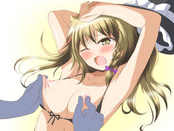 blonde_hair blush braid breast_grab breasts deego_(omochi_bazooka) erect_nipples female hat human long_hair marisa_kirisame nipple_tweak nipples open_mouth touhou wince witch_hat yellow_eyes