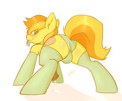 ass balls blush braeburn_(mlp) condom cutie_mark earth_pony equine feral friendship_is_magic fur green_eyes hair horse male male_only my_little_pony orange_hair panties penis pony precum presenting solo stockings terrabutt underwear yellow_body