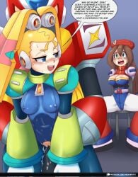 1boy 2girls alternative_version big_breasts blonde_hair blue_eyes blush breasts brown_hair cheating clothed_sex clothing crying crying_with_eyes_open cuckold cuckquean doggy_style dominant dominant_female female green_eyes iris_(mega_man) long_hair male mega_man mega_man_x neckline netorare netorase ntr observing open_mouth pallette pussy pussy_juice robot_girl sex sex_from_behind small_breasts text text_bubble tied_arms tied_to_chair tied_up vcampan white_gloves zero_(mega_man)