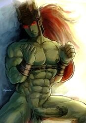 1boy abs ancient_ogre cuffs green_skin hydaria long_hair male male_only muscles muscular ogre_(tekken) penis ponytail red_eyes red_hair restrained shield solo tekken testicles tied_hair