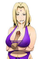 1boy 1girls after_oral blonde_hair breasts brown_eyes cleavage clothed color crossed_arms cum cum_drip cum_in_mouth cum_on_face cum_overflow disembodied_penis erect_nipples female hair half-closed_eyes human large_breasts large_penis male male_pov meteorreb0rn naruto nipples open_mouth oral paizuri penis pov seductive_mouth seductive_smile straight swimsuit tsunade veins veiny_penis