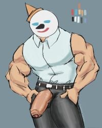 1boy arm_hair balls bara big_penis blue_background boner buff clothing color colored ejaculation erection faceless_male hi_res highres jack_box jack_in_the_box jockstrap male male_focus male_only mascot muscles muscular muscular_arms muscular_male no_face penis penis_down shirt solo solo_focus solo_male unbuttoned_pants underwear underwear_aside