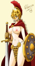 1girls armor bikini_armor blonde_hair blue_eyes breasts exposed_breasts female female_only helmet highres large_breasts nipples one_piece princess rebecca_(one_piece) shield solo sword tan_background topless warrior weapon whitehe-arts