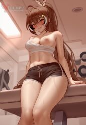 1girls 2d ai_generated areolae ass barefeet big_ass breasts brown_hair erophoenix feet female female_focus flashing full_body gym hairclip hololive hololive_english hololive_english_-council- hololive_english_-promise- indoors looking_at_viewer medium_breasts nanashi_mumei navel nipples patreon_username short_shorts shorts solo solo_female sports_bra sweat thick thick_thighs toes uncensored virtual_youtuber vtuber
