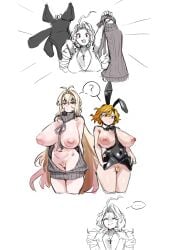 ... 3girls ? big_breasts breasts bunny_ears bunnysuit cat_nip don_quixote_(limbus_company) dulcinea_(limbus_company) female inverted_nipples limbus_company long_hair looking_at_viewer nicolina_(limbus_company) partially_clothed presenting project_moon pubic_hair pussy red_eyes sancho_(limbus_company) short_hair smile standing sweater thick_thighs white_background