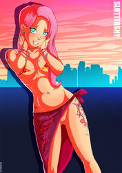 abs accidental_exposure belly_button_piercing bikini blue_eyes bottomless bracelet breasts butterfly_piercing butterfly_position clitoral_piercing clitoris_piercing eyebrow_piercing female female_only fluttershy_(mlp) friendship_is_magic human human_only humanized lip_piercing my_little_pony no_panties nose_piercing piercing pink_eyeb pink_eyebrows pink_hair pink_pubic_hair pubic_hair pussy pussy_slip shadman solo straight_hair