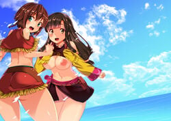 2girls amy_(suisei_no_gargantia) belt black_hair blush bottomless breasts brown_eyes brown_hair censored cloud convenient_censoring female female_only green_eyes highres large_breasts long_hair looking_back multiple_girls open_mouth petals saaya_(suisei_no_gargantia) short_hair skirt sky suisei_no_gargantia tanaka_deshirittoru