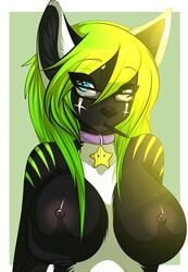 2013 aimi anthro big_breasts black_fur black_nose blue_eyes breasts bust canine collar eyewear female fur glasses green_fur green_hair hair heterochromia long_hair looking_at_viewer mammal nails nipples nude pen solo stripes white_fur wolf