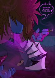 ambiguous_gender anthro blowing_smoke blowing_smoke_on_another blue_body blue_skin blush blush_lines brown_hair circe_(pankallisti) drugged drugs duo english_text female fin finger_in_mouth gill_play gills hair hi_res kibble_(arthagk) mammal marijuana marine merfolk murid murine on_top_of_another pankallisti rat rodent smoking smoking_marijuana split_form substance_intoxication text
