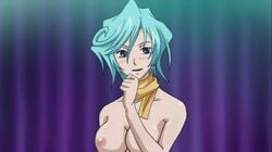 1girls areolae blue_eyes blue_hair blush breasts cardfight!!_vanguard color earrings edit female female_focus female_only looking_at_viewer nipples nude photoshop scarf scarf_only short_hair solo solo_female solo_focus suiko_(cardfight!!_vanguard)