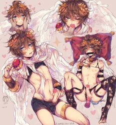 2boys ahoge anal anal_beads angel_wings artist_name blue_eyes brown_hair censored chain crossed_bangs dated dildo disembodied_penis duplicate fellatio femboy gem gold_(metal) gold_chain gold_jewelry hands_on_another's_cheeks hands_on_another's_face head_wreath heart heart_censor highres holding holding_gem kamochiruu kid_icarus laurel_crown male multiple_boys multiple_males multiple_views nintendo nipples one_eye_closed oral penis pillow pit_(kid_icarus) sex thighhighs torn_clothes torn_thighhighs vambraces wings yaoi