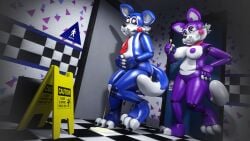16:9 2025 3d_(artwork) animatronic anthro bathroom blue_body blue_tail bodily_fluids bow_tie breasts brother_(lore) brother_and_sister_(lore) candy_(fnac) cindy_(fnac) danj16 digital_media_(artwork) dipstick_tail domestic_cat door duo eyebrows eyelashes fazbear_fanverse felid feline felis female five_nights_at_candy's genital_fluids genitals half-closed_eyes hi_res key machine male mammal markings multicolored_body multicolored_tail narrowed_eyes necktie nipples omorashi peeing penis pink_cheeks public_restroom purple_body purple_nipples purple_tail robot sibling_(lore) sister_(lore) source_filmmaker_(artwork) tail tail_markings urine urine_pool watersports wet_floor_sign white_tail widescreen yellow_eyes