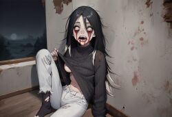 1girls ai_generated black_hair bleeding blood breasts clothed dead_eyes female grey_skin horror horror_(theme) lifting_shirt looking_at_viewer monster_girl original original_character paigen ribbed_sweater ribs saliva sharp_teeth sharp_toenails skinny small_breasts sweater two-tone_hair undead underboob white_eyes white_hair zoey_(paigen) zombie zombie_girl